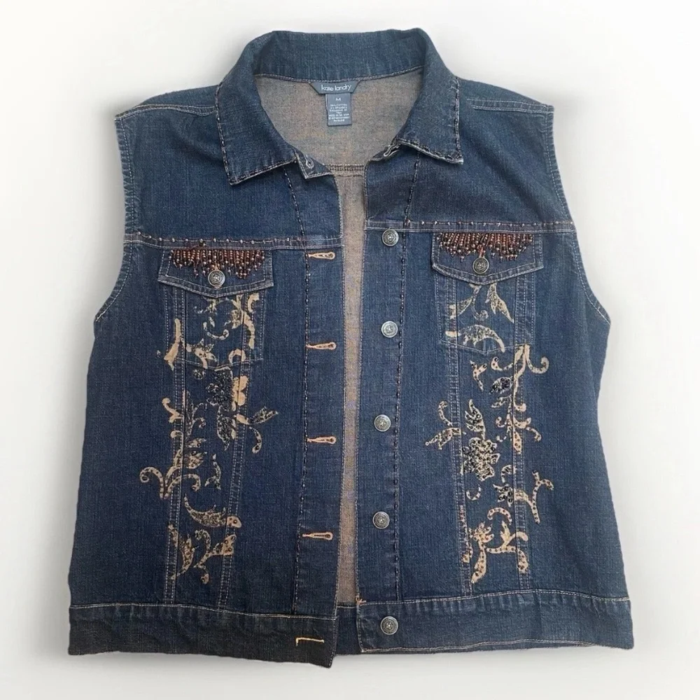Vintage 90s/y2k Denim Western Button Vest Beading Dark Wash Pockets Medium EUC